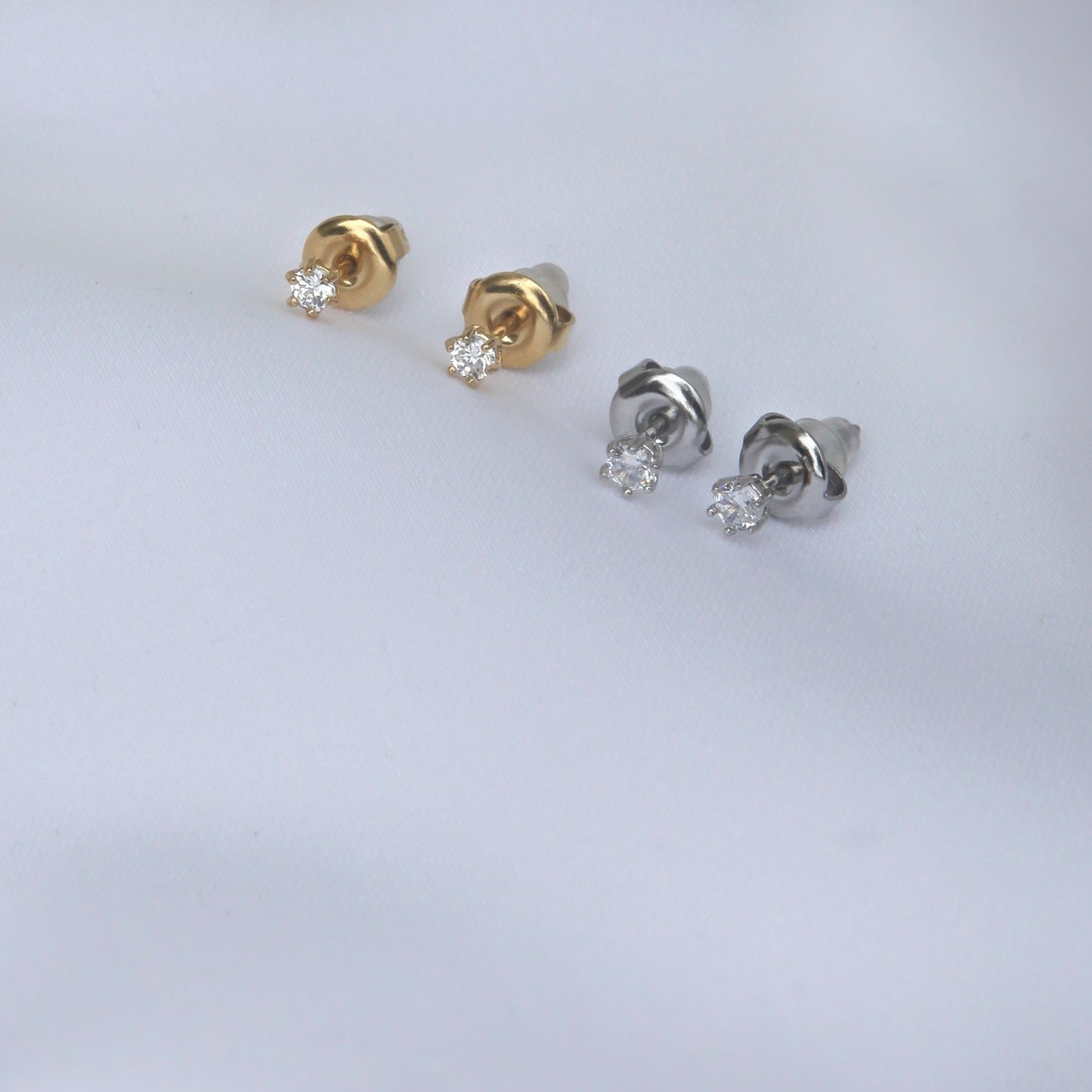 2mm Miniature Zirconia Studs - 18k Gold/Silver Earrings - Ocean Wave Jewelry