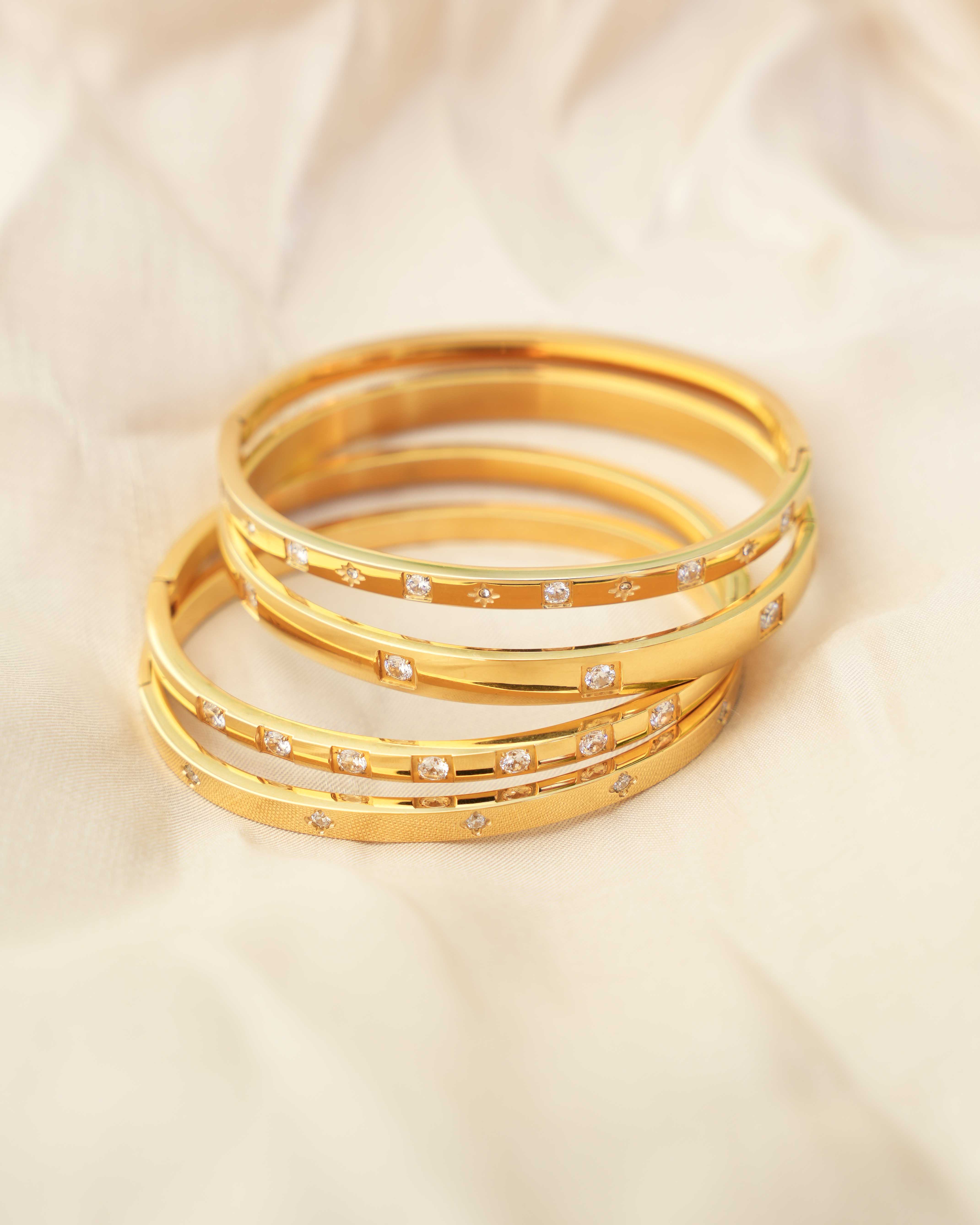 June - 18k Gold Bangle Zirconia Inset Bracelet