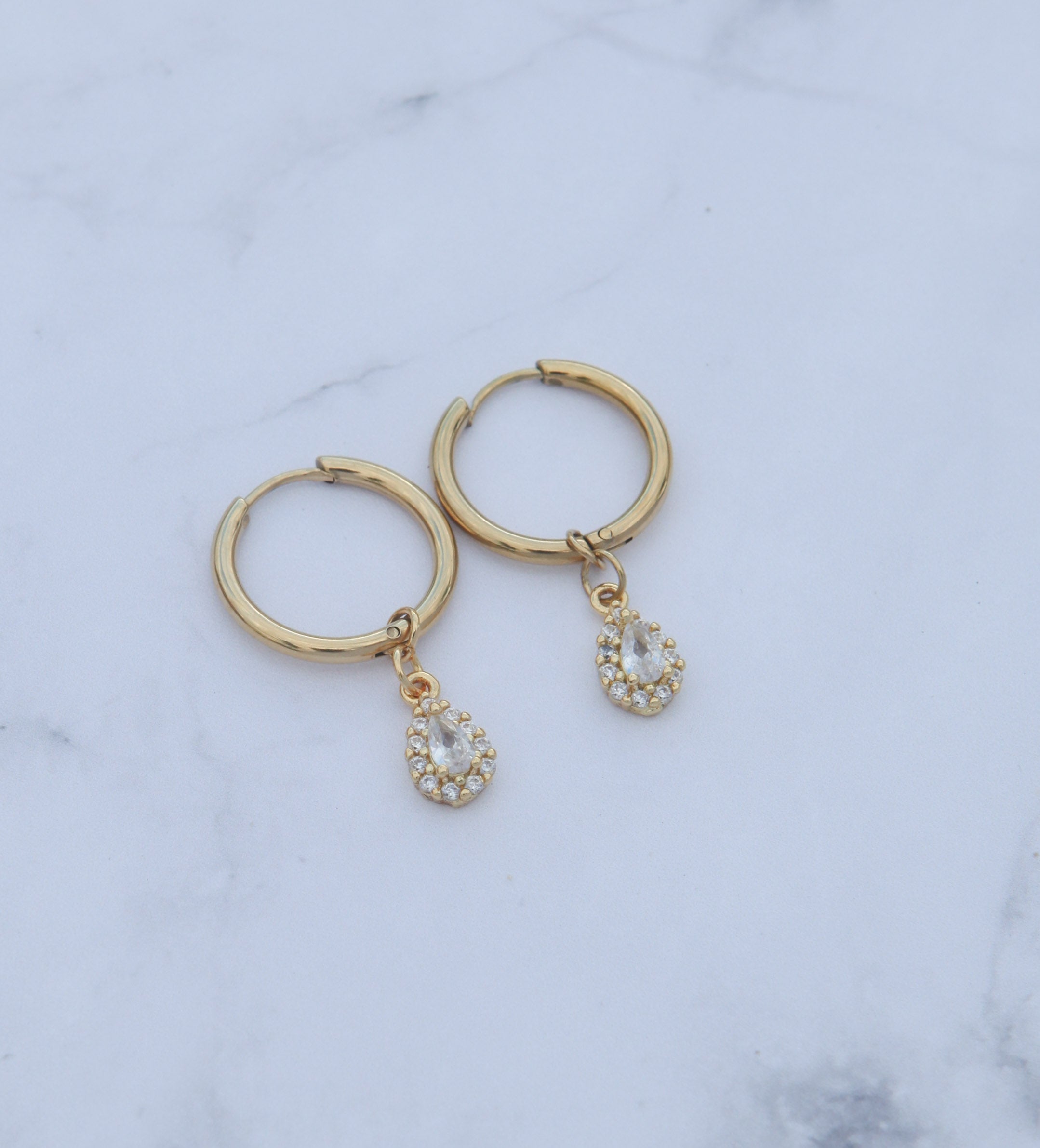 Hayden - 18k Gold Zirconia Drop Hoop Earrings - Ocean Wave Jewelry