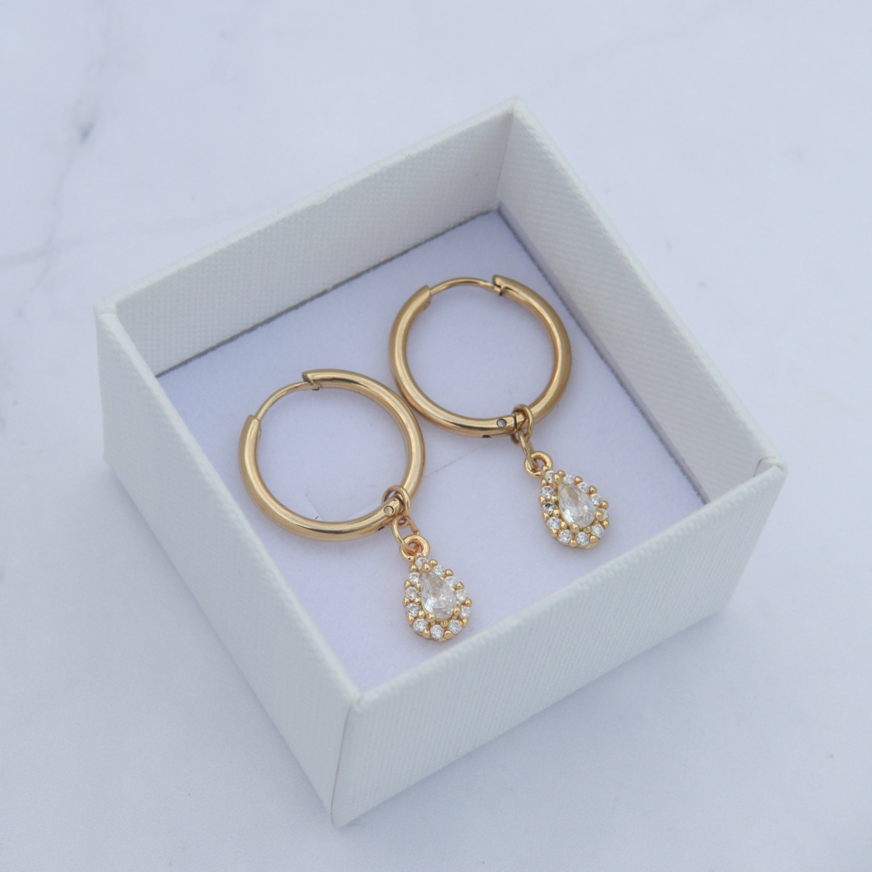 Hayden - 18k Gold Zirconia Drop Hoop Earrings - Ocean Wave Jewelry