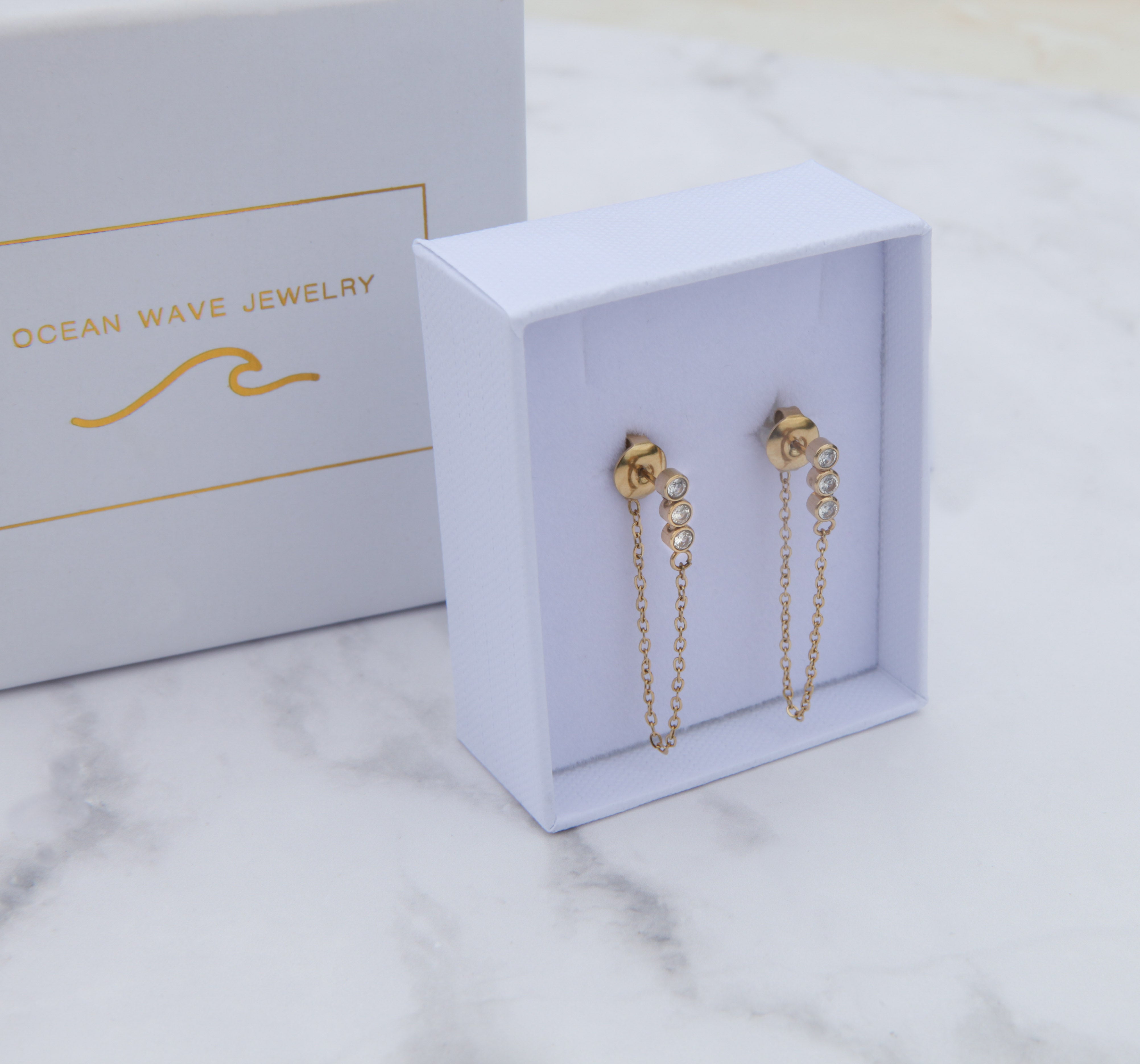 Hamptons - 18k Gold Chain Zirconia Earrings - Ocean Wave Jewelry