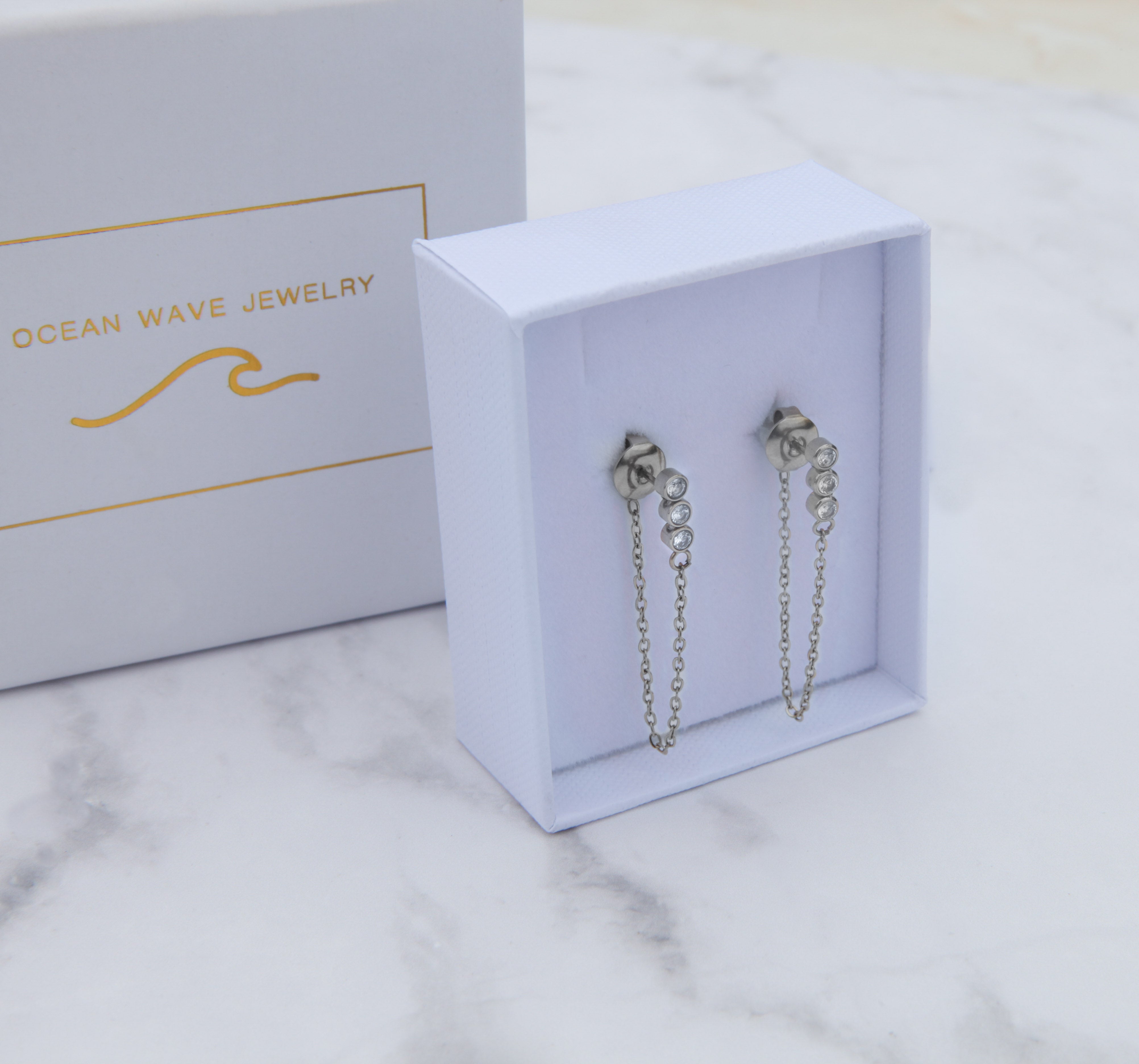 Hamptons - 18k Gold Chain Zirconia Earrings - Ocean Wave Jewelry